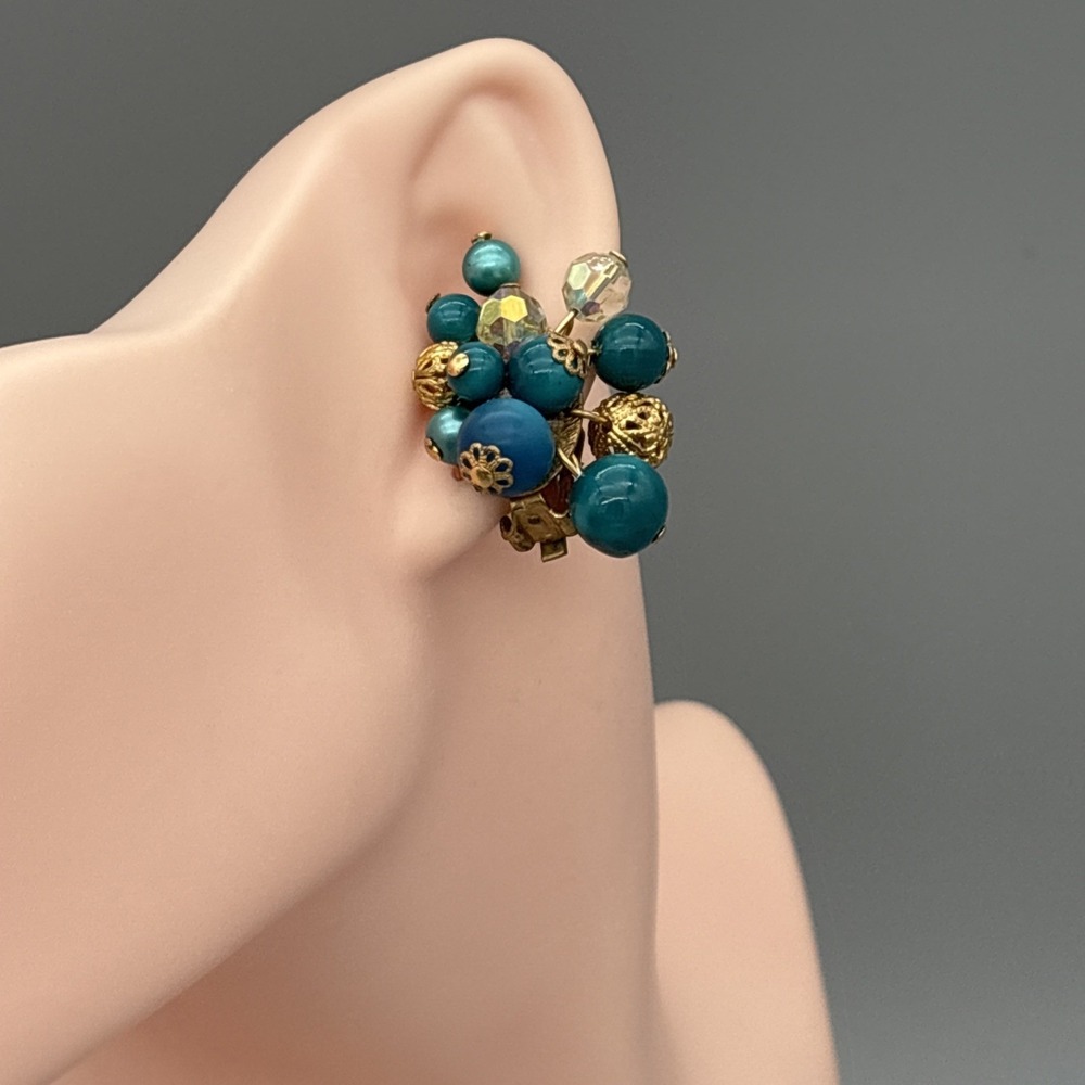 Vintage Beaded Cluster Clip On Earrings Filigree Blue 1.25"